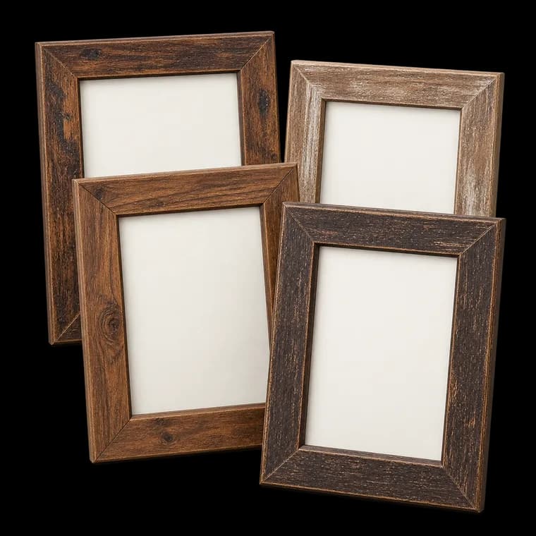 4 Stück Bilderrahmen,13x18cm Fotorahmen 5x7 Zoll Rahmen,Rustikaler Retro-Fotorahmen mit Wandhalterung und Tischdekoration, für Familie, Freunde, Hochzeitsgeschenk – generische KI-Produktillustration