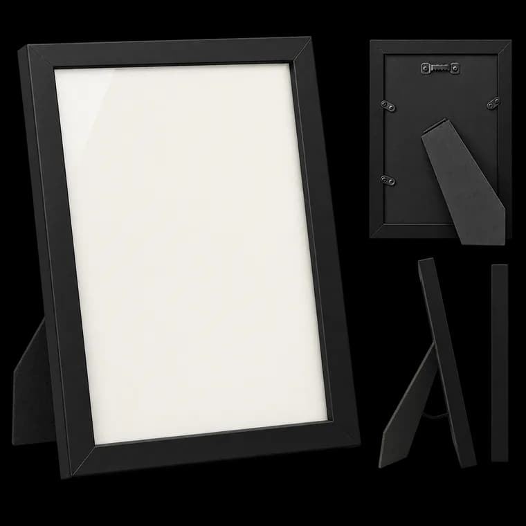 Zeitlos, moderner Bilderrahmen A4, aus MDF, (schwarz) für DIN A4 große Fotos und Bilder. Inkl. Acrylglasschutz. Er eignet Sich als Tisch-Aufsteller und für die Wand, im Hochformat oder Querformat. – generische, markenfreie KI-Produktillustration