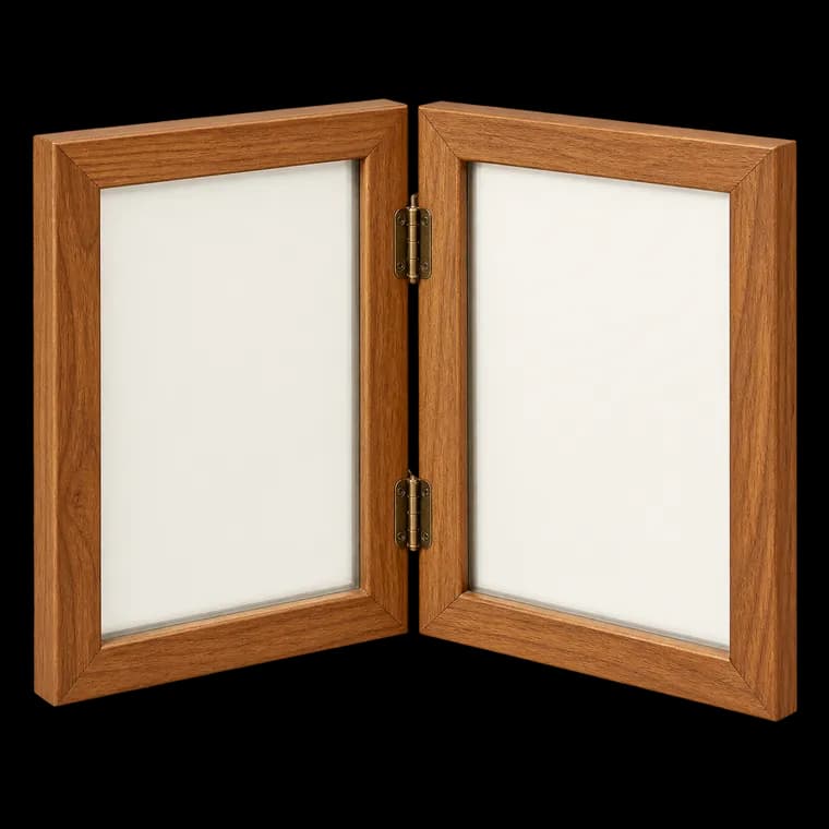 AVEAX Doppelter 13 x 18 Bilderrahmen Klappbarer Bilderrahmen aus Holz mit Glasfrontständer vertikal auf dem Desktop, Holzmaserung – generische, markenfreie KI-Produktillustration