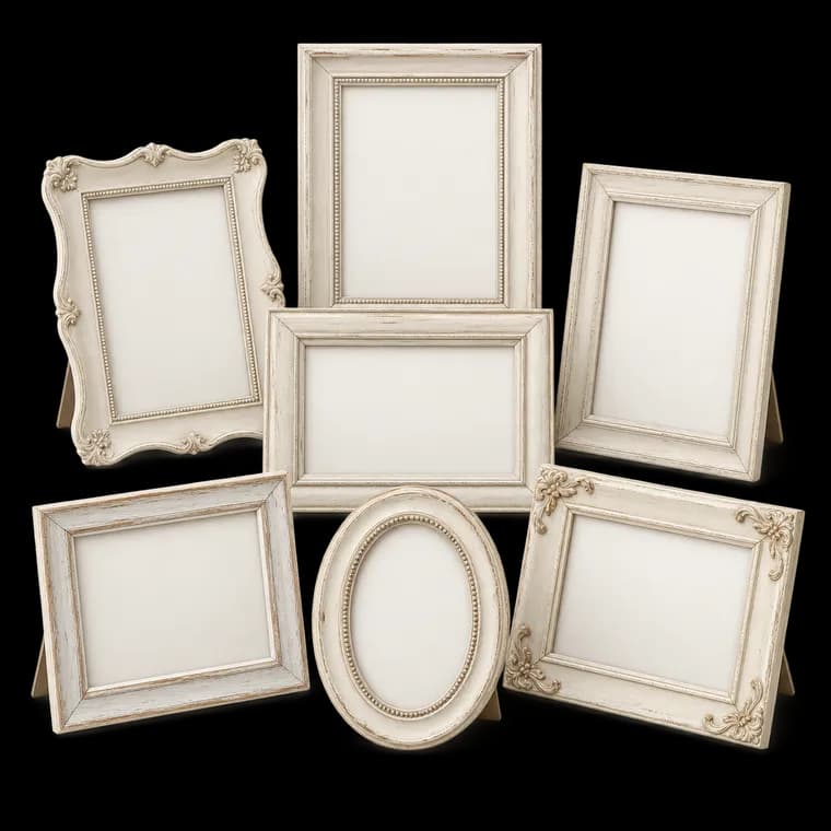 PETAFLOP 7er Set Bilderrahmen 13x18 CM, Vintage-Weiß, Wand- und Tischbilderrahmen, geeignet für den Einsatz in Wohnungen, Büros und mehr – generische, markenfreie KI-Produktillustration