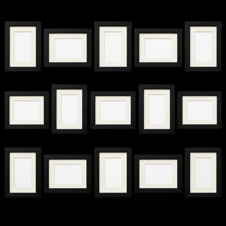 Schwarze Bilderrahmen 15er-Set, für 10x15 Bilder mit Passepartout oder für Bilder 13x18 ohne Passepartout, Wand- und Tischaufstellung, Mdf – generische, markenfreie KI-Produktillustration