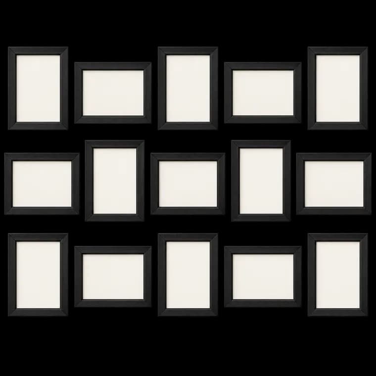 HORLIMER 15er Bilderrahmen Set 13x18 cm, Schwarz Bilderrahmen mit Holzmaserung, Fotorahmen Collage für 18x13 Fotos und Bilder, Wand- oder Tischaufstellung – generische, markenfreie KI-Produktillustration