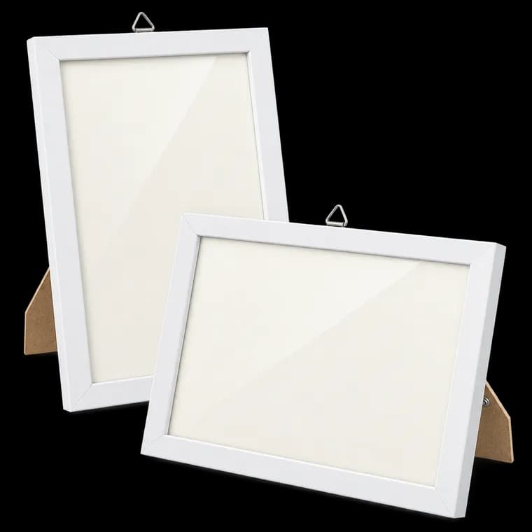 Americanflat Bilderrahmen 13x19 cm (2er Pack) - Bilderrahmen 19x13 cm mit bruchsicherer Scheibe - inklusive Ständer und integrierter Aufhängung für Hoch- und Querformat - Weiß – generische, markenfreie KI-Produktillustration
