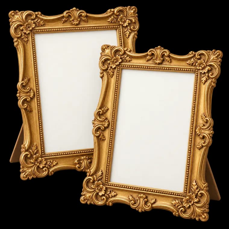 A4 Barock Bilderrahmen 2 STK Vintage Fotorahmen 21x29,7cm Bilderrahmen Wand- & Tischrahmen Dekorative Fotorahmen mit Halterung, Geeignet für Vintage-Dekorationen (Gold 2Stk) – generische, markenfreie KI-Produktillustration