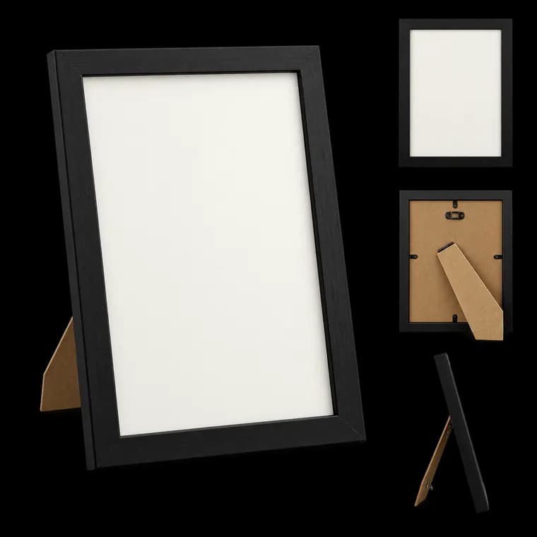 Bilderrahmen A4 aus Holz, 21 x 29,7 cm, hängend & stehend, Schwarz – generische KI-Produktillustration