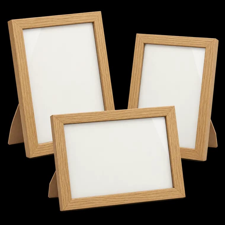KAIWIN Bilderrahmen A5 Eichenholz Holz Fotorahmen 3er Set MDF mit Acrylglas zum aufhängen und aufstellen Benutzt für Wohnzimmer, Schlafzimmer, Arbeitszimmer, für Fotos, Kunstwerke und Poster – generische, markenfreie KI-Produktillustration