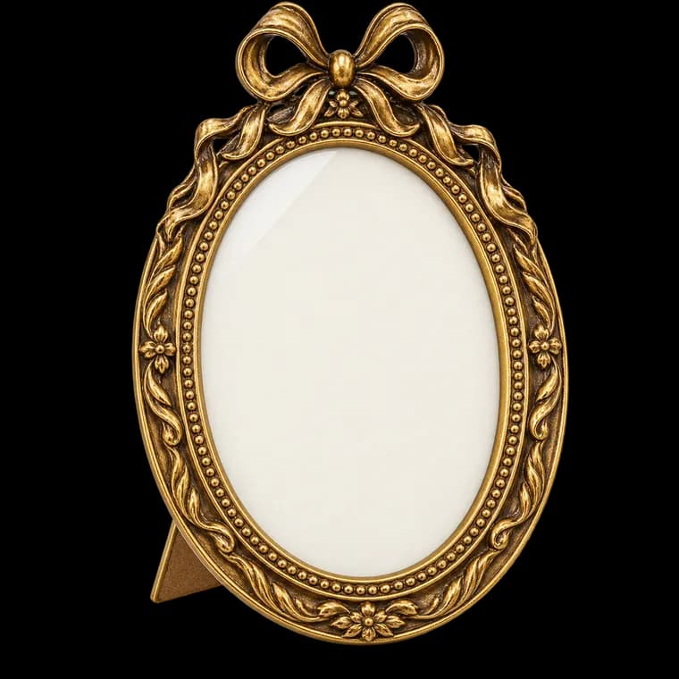 Vintage-Bilderrahmen, ovale Schleife, antiker Bilderrahmen mit Glasfront, schicker, kunstvoller kleiner goldener Rahmen, 12,7 x 17,8 cm, luxuriöse Tischplatte und Wandbehang, antike – generische, markenfreie KI-Produktillustration