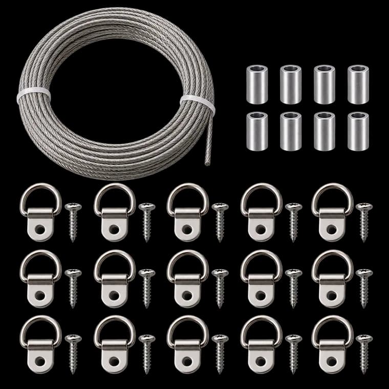 TUPARKA 2 mm x 10 m Edelstahl-Bilderaufhängedraht, Bilderschnur für Spiegelbild-Aufhängebefestigungen mit 10 Quetschrohren, 15 D-Ring-Bilderrahmen-Aufhängehaken und Schrauben (bis zu 30 kg) – generische, markenfreie KI-Produktillustration