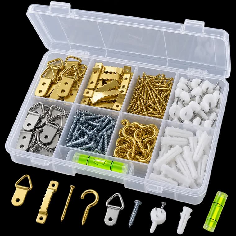 Swpeet 601-teiliges robustes Bilder-Aufhänger-Set mit 1 Mini-Gradienter, verschiedene Bilder-Aufhänger Haken Schrauben, Kit für Home Office, Foto-Bildermalerei Aufhänge-Lösungen Box – 7 Modelle – generische, markenfreie KI-Produktillustration